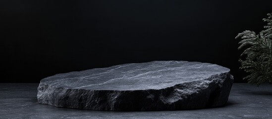 Aufkleber - 3D render illustration of stone and rock shapes Circular podium and pedestal for showcasing products Deep black color Mockup template for advertising design