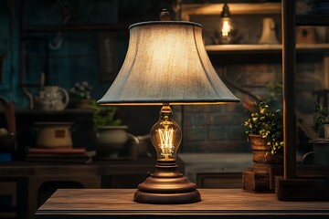 A vintage glass lamp with a gold-plated base sits on a dark wooden table, casting a warm glow over a bottle of wine and a candle