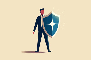 illustration of a businessman standing on a data graphic while holding a shield, as a symbol of comp