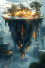 Poster - A surreal landscape with floating islands and glowing elements, perfect for digital art,