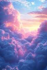 Poster - Dreamy pastel clouds with soft gradients, creating a serene digital art background,