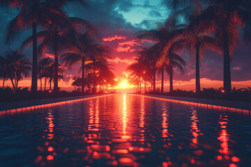 Poster - Retro wave grid with glowing sunset and palm trees, for a nostalgic digital backdrop,