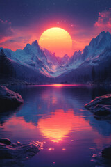 Poster - A digital glitch landscape with fragmented mountains and neon skies, for creative backgrounds,