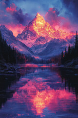 Poster - A digital glitch landscape with fragmented mountains and neon skies, for creative backgrounds,