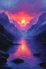 Poster - A digital glitch landscape with fragmented mountains and neon skies, for creative backgrounds,