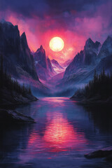 Poster - A digital glitch landscape with fragmented mountains and neon skies, for creative backgrounds,