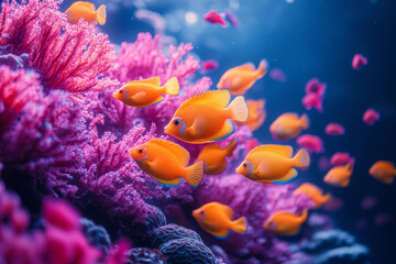 Aufkleber - An underwater scene with glowing corals and colorful fish, as a serene digital background,