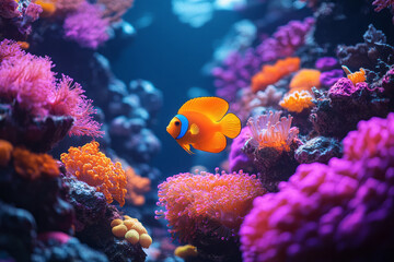 Poster - An underwater scene with glowing corals and colorful fish, as a serene digital background,