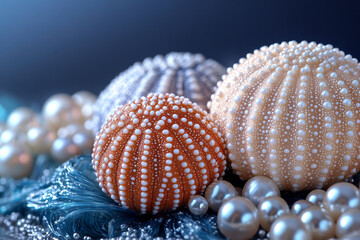 Wall Mural - Artistic arrangement of sea urchins with a touch of luxury, surrounded by pearls and seaweed,