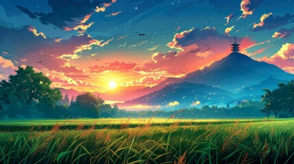 Wall Mural - Sunset Over Mountain with Pagoda and Grassy Field