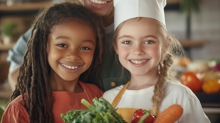 Three diverse girls smiling while cooking together