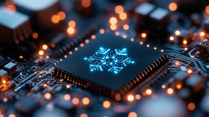 A close-up of a microchip surrounded by glowing blue lines and snowflakes, symbolizing winter chill.