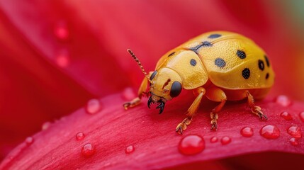 Wall Mural - Yellow Ladybug on a Red Petal with Dew Drops