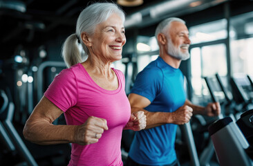 Sticker - an elderly woman and man smiling while running on the treadmill in a fitness center, wearing a pink T-shirt and a blue sleeveless shirt with white hair.