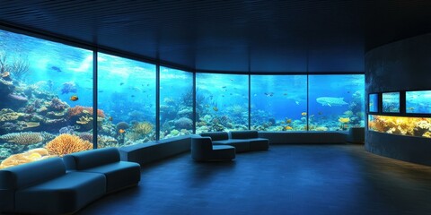 Sticker - Ocean view lounge with coral reef aquarium.