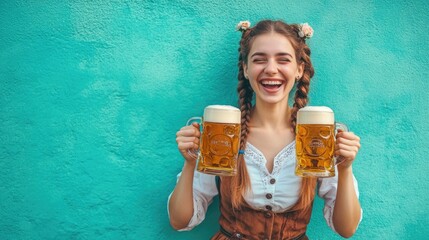 Close-up photo of a woman in dirndl, traditional festival dress, holding two mugs of beer in her hands. Oktoberfest, St. Patrick’s day, international beer day concept.