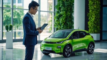 Two businessmen inspect a green electric car in a modern showroom