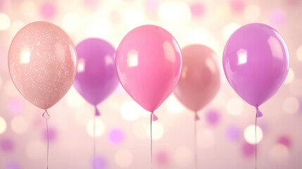 Poster - Five pastel-colored balloons, including pink, purple, and glitter, float against a soft bokeh background, creating a festive atmosphere.