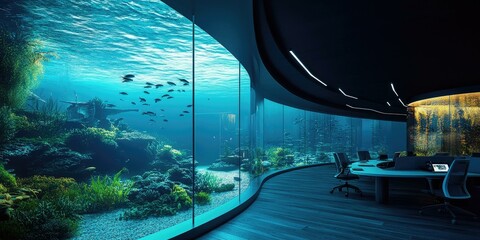 Wall Mural - Office with underwater view through windows.