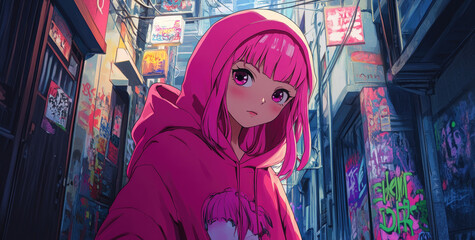 Poster - Anime-style, pink-haired girl wearing a hoodie with 