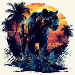 Wall Mural - Black Panther Standing in Tropical Sunset