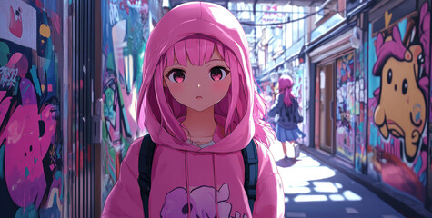 Poster - Anime-style, pink-haired girl wearing a hoodie with 