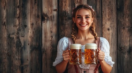 Close-up photo of a woman in dirndl, traditional festival dress, holding two mugs of beer in her hands. Oktoberfest, St. Patrick’s day, international beer day concept.