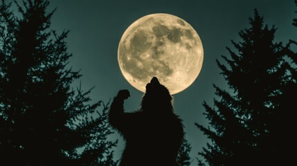 Wall Mural - 10. a person in a werewolf costume howling at the full moon, with trees silhouetted in the backgroun