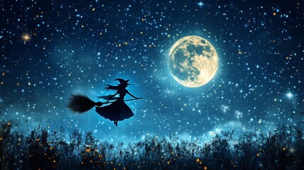 Wall Mural - A witch flying on a broomstick across a full moon