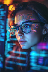 Wall Mural - IT Professional Woman,  A woman in glasses is reading programming scripts on her computer, focusing on cybersecurity and data analytics, with holographic coding overlays