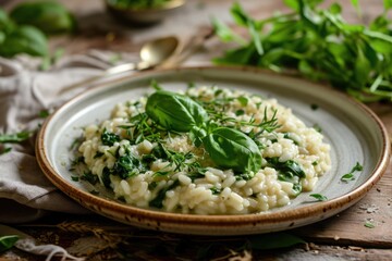 green barley groat risotto on wooden plate. healthy vegetarian meal with fried pea garnish.