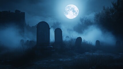 Wall Mural - 29. a full moon illuminating a graveyard, with fog swirling around the tombstones
