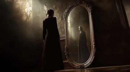 50. a vampire standing in front of a large, ornate mirror, with no reflection