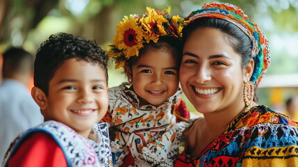 A multiracial family dressed in traditional Honduran Lenca clothing, gathered together and smiling during a community festival. Hispanic heritage month celebration atmosphere