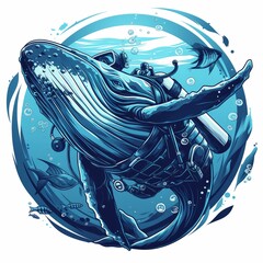 Wall Mural - Whale Wearing Scuba Gear Surrounded by Fish and Bubbles