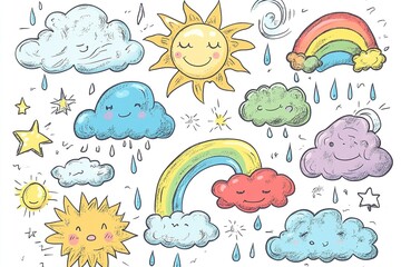 cloud rain weather cartoon cute set. cloud, sun, moon weather character with smile and angry face. h