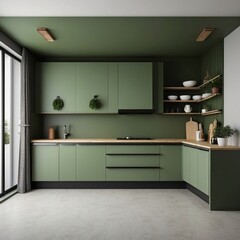 Wall Mural - Modern Kitchen with Green Cabinets and Wooden Shelves