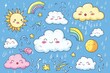 © Niken - Cloud rain weather cartoon cute set. Cloud, sun, moon weather character with smile and angry face. Hand drawn doodle sketch style. Rainbow, wind, tornado doodle character. Generative Ai