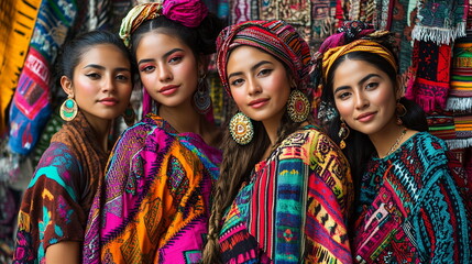 Diverse models showcasing vibrant Guatemalan huipils with intricate Mayan patterns, posed against a backdrop of traditional textiles. Hispanic heritage month celebration atmosphere