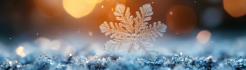 Sticker - A delicate snowflake resting on a bed of sparkling snow, illuminated by warm, vibrant bokeh lights in the background.