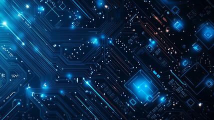 Abstract AI circuit board backdrop. Technological layout featuring interconnected blue lines with electronic components on a tech background. Computer motherboard showcasing a chip, processor.