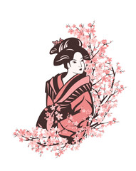 Wall Mural - beautiful japanese geisha woman wearing traditional kimono among blooming sakura tree branches - seasonal decor vector portrait