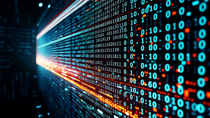 A futuristic data grid with binary code streaming across the screen
