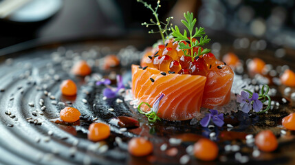 Freshness salmon sashimi sushi fish wasabi japanese food meal decoreated plate in fine dining restaurant course, healthy eating seafood raw food gourmet delicious elegant japan tradition cookery