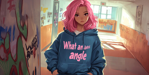 Poster - Anime-style, pink-haired girl wearing a hoodie with 