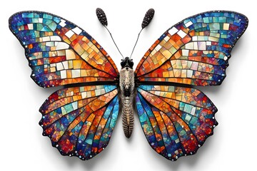 Wall Mural - A vibrant butterfly with a mosaic of colors on its wings displayed on a white background, AI Generated