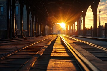 A historic railway station basked in the golden light of sunset, emphasizing the vintage architecture and rails, representing travel, history, and the passage of time with a warm, inviting glow.