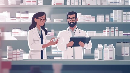 Two pharmacists collaborate in a well-stocked pharmacy during a busy workday, discussing medication and patient care strategies