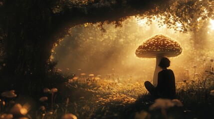 Poster - Silhouette of a Person Sitting Beneath a Luminous Mushroom in a Forest