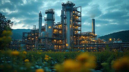 Poster - A processing facility glows with artificial light at twilight, surrounded by colorful flowers and hills in the background.